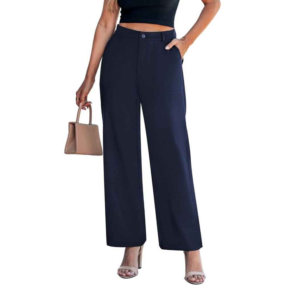 Women's Dark Blue Polyester Casual High Waisted Elastic Wide Leg Dress Pant
